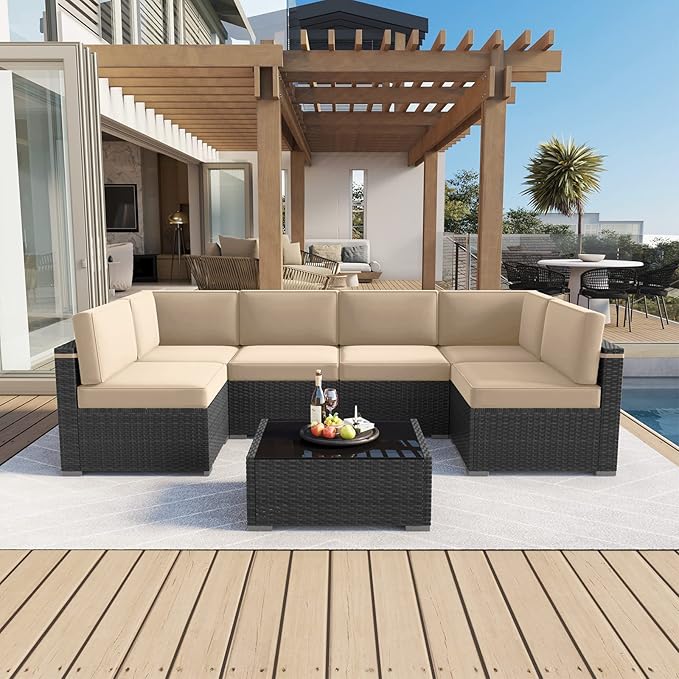 LayinSun Outdoor Furniture Replacement Cushions for 6 Seat Patio Rattan Wicker Sectional Conversation Sofa Set, 14-Piece Cushions Set