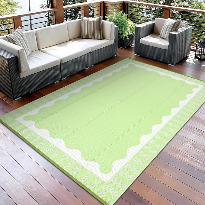 9x12 Outdoor Rug Waterproof Foldable Plastic Straw Carpet for Patio Porch Scalloped Border Reversible Mat Lightweight Floor Mat for Picnic, Rv, Beach, Deck, Camper, Balcony，Light Green