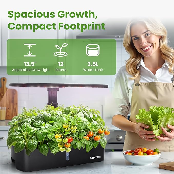 litokam 12-Pod Hydroponics Growing System Kit with LED Grow Light, 24W 3.49L Indoor Herb Garden Planter with Quiet Water Pump, 24H Timer 2 Grow Modes Hydroponics Garden for Home Kitchen Office Gifts