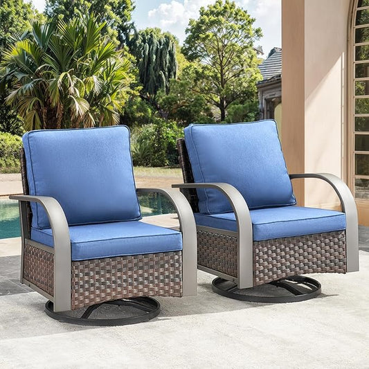 HUMMUH Patio Swivel Glider Outdoor Chair-All Weather Rattan Wicker Patio Swivel Rocking Chairs Porch Chair for Deck Porch Lawn Garden Backyard-Brown/Blue