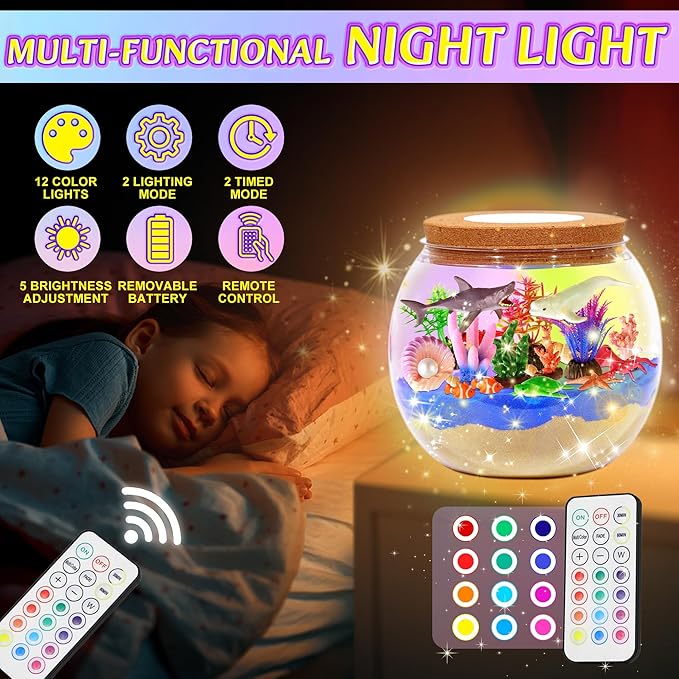 Gifmore Ocean Terrarium Kit for Kids with LED Night Light & Remote Control, Ocean Toys & Arts and Crafts Kit for Girls & Boys Ages 4-12, Creative Birthday Christmas Gifts for Children