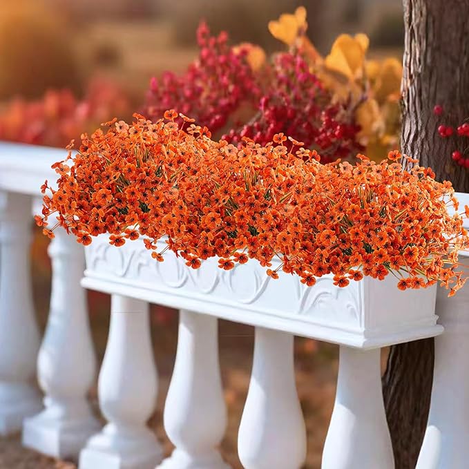 Artificial Mums Fall Fake Flowers for Outdoors, 12 Bundles Faux Mums for Outdoor Planters Autumn Decorations,UV Resistant Silk Flowers for Front Porch Garden Patio Home Decor(Fall-Orange)