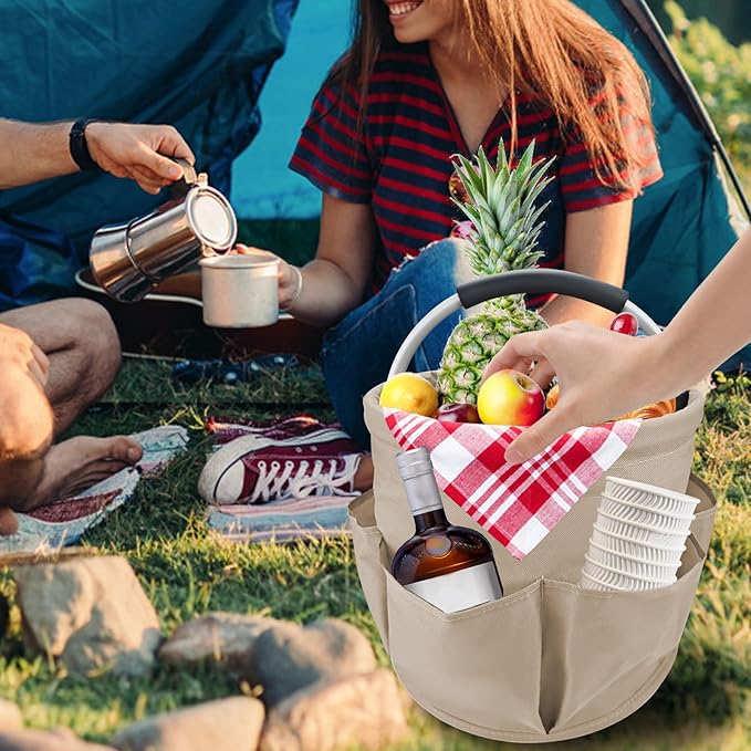 Khaki 17 L Picnic Garden Tool Bag with 6 Pockets, Foldable Bucket Organizer for Storage Camping Home Cleaning Products, Portable Garden Caddy Tote with Handle Harvest Basket (Khaki)