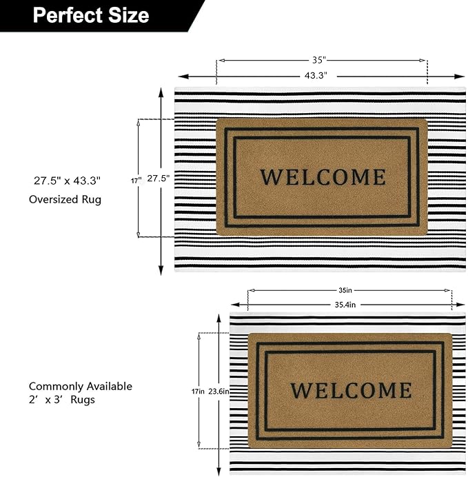 OJIA Front Door Rugs 27.5x43 Inches, Black and White Striped Outdoor Rugs Porch Rug Machine Washable Cotton Woven Entryway Rug Front Door Mats for Porch/Farmhouse/Kitchen/Home Outside Entrance Decor