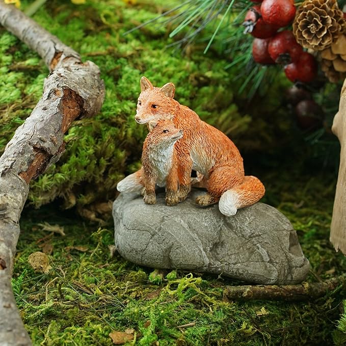 Top Collection Miniature Fairy Garden and Terrarium Mama Fox with Baby Statue, Red