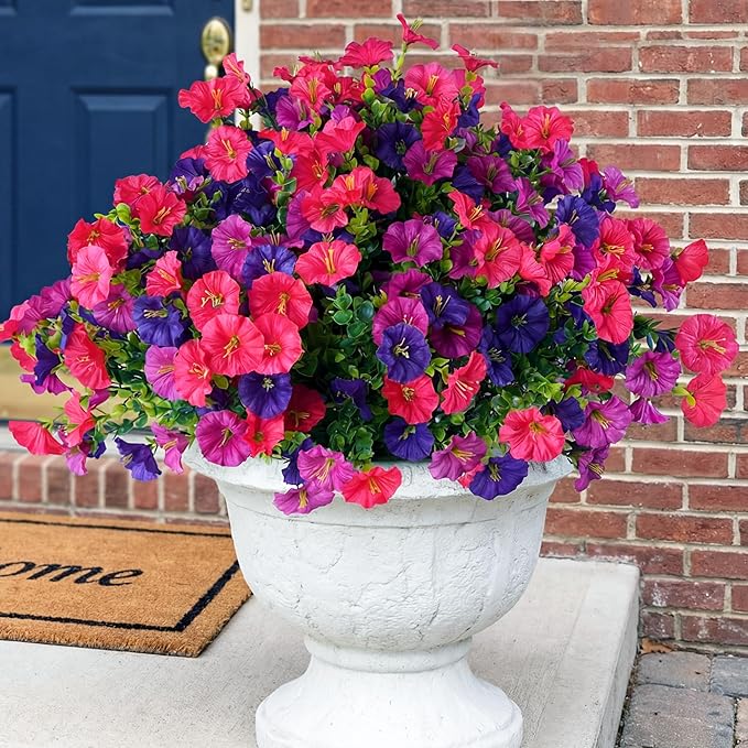 12Pcs Artificial Outdoor Flowers for Outdoors, Faux Silk Realistic Morning Glory Floral Arrangement Planter UV Resistant for Porch Patio Window Box Balcony Garden Decor (12pcs Purple Fuchsia)