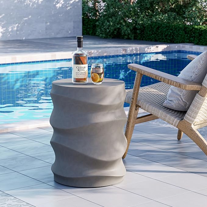 SUNBURY Outdoor Side Table, 18" H Concrete Accent End Table Streamlined, Small Round Cement Plant Stands Table, Decorative Garden Stools for Backyard, Grey