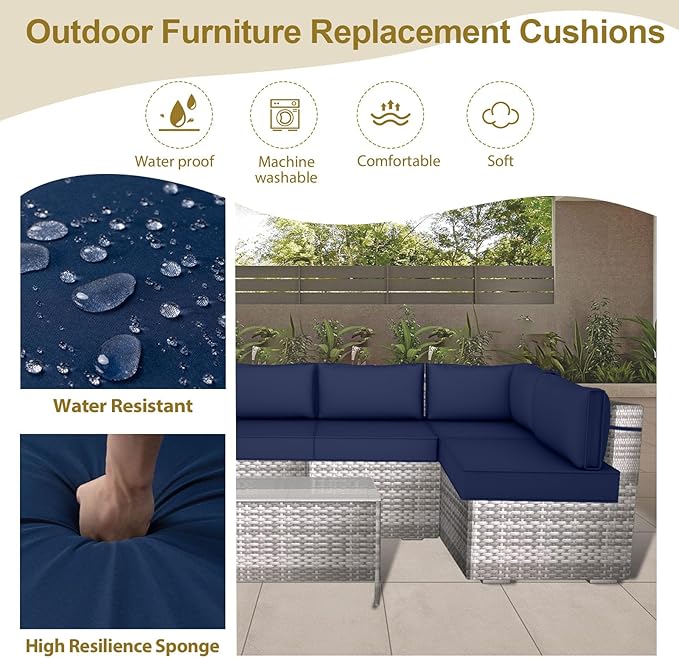 14 Piece Outdoor Replacement Cushions for Patio Furniture, Water-Resistant Sectional Sofa Cushions,Fits 6-seat Sectional Rattan Conversation Set,Liner and Cover (Navy Blue)