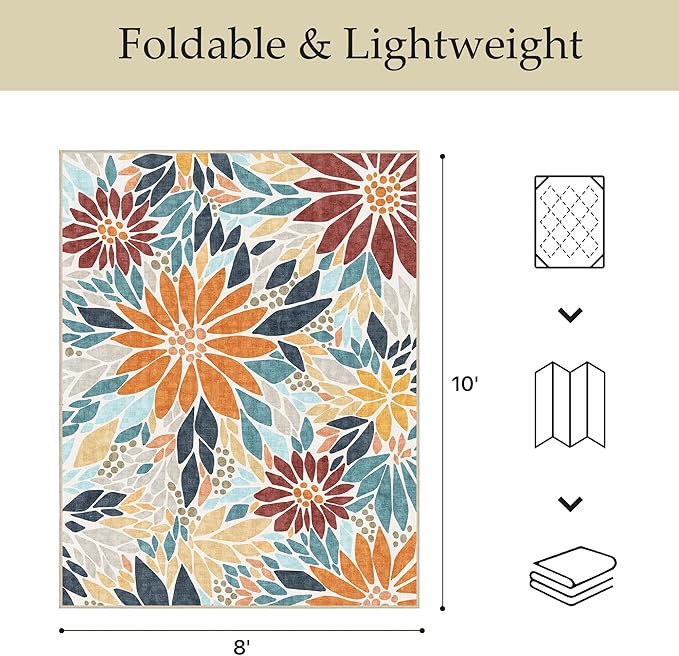 GENIMO Indoor Outdoor Area Rug 8'x10', Machine Washable Rugs for Patio, Waterproof, Non-Slip Easy Cleaning Floral Outdoor Mat Carpet for Living Room, Bedroom, RV, Balcony, Deck, Camping, Orange