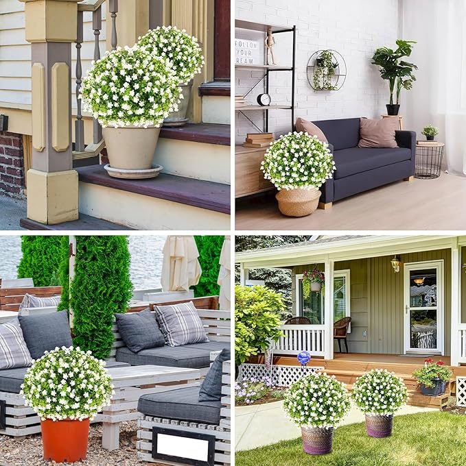 Yunlly 2 Pcs Outdoor Artificial Topiary Ball Trees 22" with Colorful Flowers, Boxwood Fake Bushes Shrubs with Spike, UV Resistant Evergreen Plants for Front Porch Garden Decor (White)