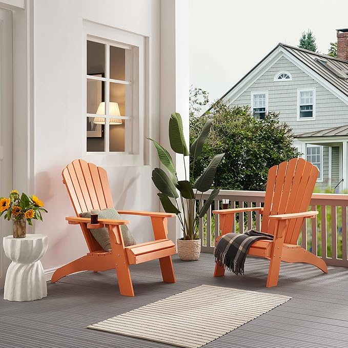 Psilvam Adirondack Chair, Oversized Poly Lumber Fire Pit Chair with Cup Holder, 350Lbs Support Patio Chairs for Garden, Weather Resistant Adirondack Chair Looks Like Real Wood (4, Orange)
