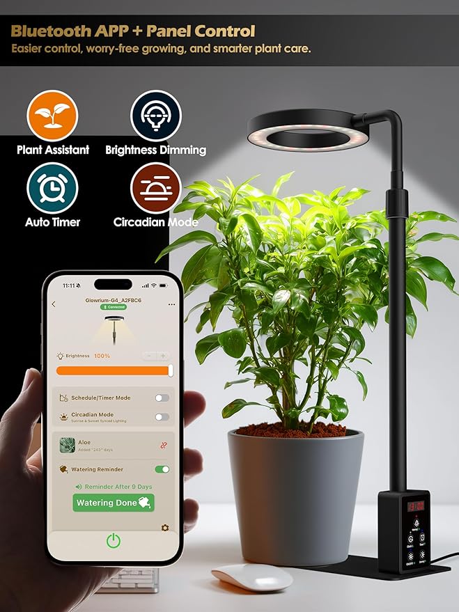Smart Grow Lights for Indoor Plants, Plant Light with Auto-Timer, Full Spectrum LED Grow Light, Adjustable Height & Stepless Dimming,Plant Assistant Suitable for Most Plants (Black, 12W)