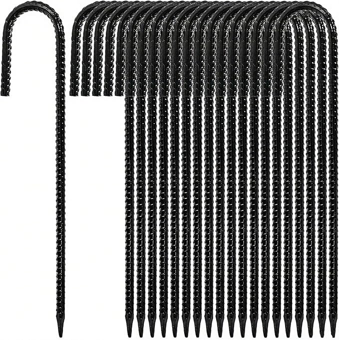 Hacaroa 20 Pack 12 Inch Rebar Stakes Heavy Duty, J Hook Ground Anchors Metal Tent Stakes, Steel Garden Stake for Camping, Canopies, Chain Link Fences, Trampolines, Black