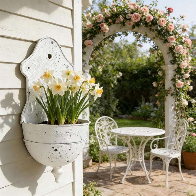 Rustic Metal Wall Planter Distressed Decor Wall Mounted Flower Pot Vintage Hanging Plant Holder for Outdoor Indoor Garden Home Balcony Patio Farmhouse Decorative (White)