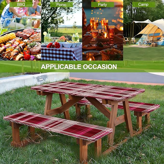 Picnic Table Cover with Bench Covers Set of 3 - Classic Red Black Buffalo Plaid Tablecloth, Elastic Fitted for 6 Ft Tables, Washable Polyester Cover for Camping, Indoor & Outdoor