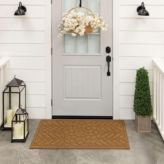 Mohawk Home Entryway Door Mat 2' X 4' All Weather Outdoor Non Slip Recycled Rubber Doormat, Brick Path Impressions Light Brown