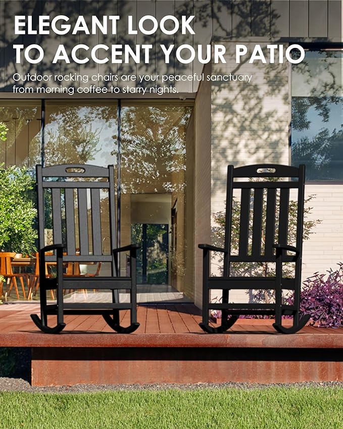 Outdoor Rocking Chair Set of 2, High Back Plastic Patio Rocking Chairs for Outside Porch Rocker Garden Lawn, All-Weather Resistant Poly Lumber Rocker Chair Outdoor, Lime