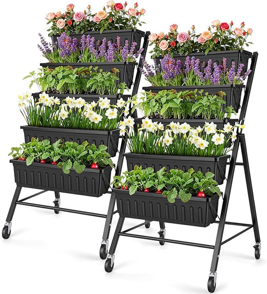 Homdox 2 Pack Vertical Garden Bed, 5 Tiers Raised Garden Planter, 25.6 * 26 * 48 Inch with Drainage System & 4 Hooks, Vegetable Flower Stand for Garden Patio Yard (Black with 4 Wheels)