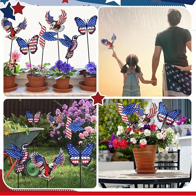 Pickmesh 6 Pcs 12" H Patriotic Metal Yard Sign Patriotic Garden Stake 250th Anniversary USA Flag American Yard Sign for Memorial Day Outdoor Decor 4th of July Independence Day Decoration