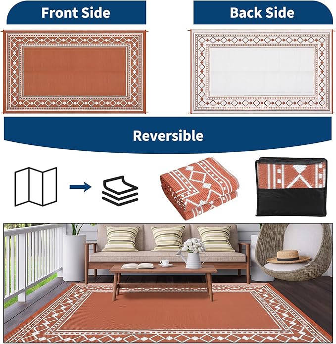 Garvee Outdoor Rug 9x18 ft, Patio Plastic Straw Rug Waterproof Reversible Patio Mat, Large Plastic Straw Rug for RV, Camping, Deck, Balcony, Easy Clean & Portable,Terracotta/White