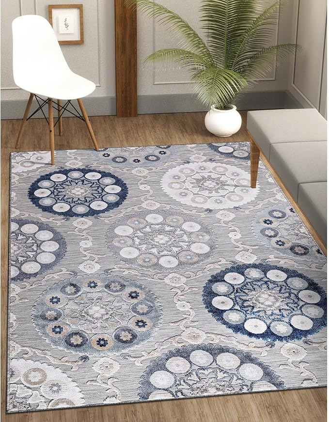 CAMILSON Indoor Outdoor Rug 6x9 Bohemian Medallion Floral Area Rugs for Indoor and Outdoor Patios Easy-Cleaning Non-Shedding Living Room Garden and Kitchen Washable Outside Carpet (6 x 9 / Blue)