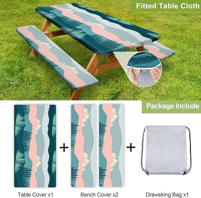 Picnic Table Cover with Bench Covers 6FT 3 Pcs Waterproof Windproof Aesthetic Camping Tablecloth with Drawstring Bag, Fitted for 6 Foot Rectangle Tables and Seats, 72 inch, Pink Green Mountains