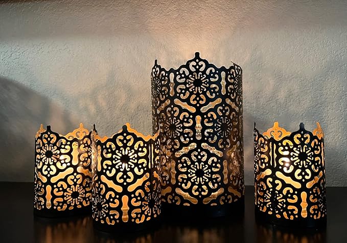 Hosley's Set of 2 Flower 7" High Cut Bronze Candle Holder & Lantern. Ideal for Use with Hosley Highly Scented Candles, Jar Candles. Can be Used as a Decorative Centerpiece in Your Living/Dining Room