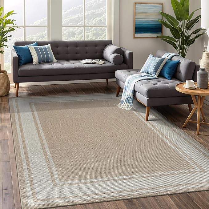 Beverly Rug Outdoor Rug 5x7 Modern Bordered Area Rugs for Indoor and Outdoor Patio Deck Porch Garden Waterproof Weather Sun Resistant Washable Outside Carpet (5 x 7 Beige)