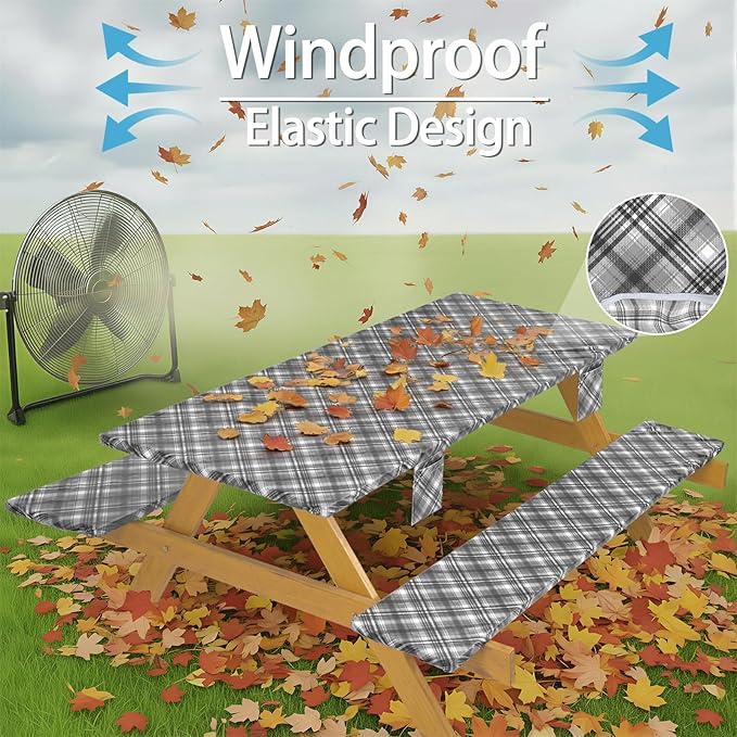 Fitted Waterproof Picnic Table Cover with Bench Covers Heavy Duty Elastic Outdoor Camping Tablecloth for 8 Foot Rectangle Tables Summer Rv Accessories Patio Garden Road Trip Essentials Gifts