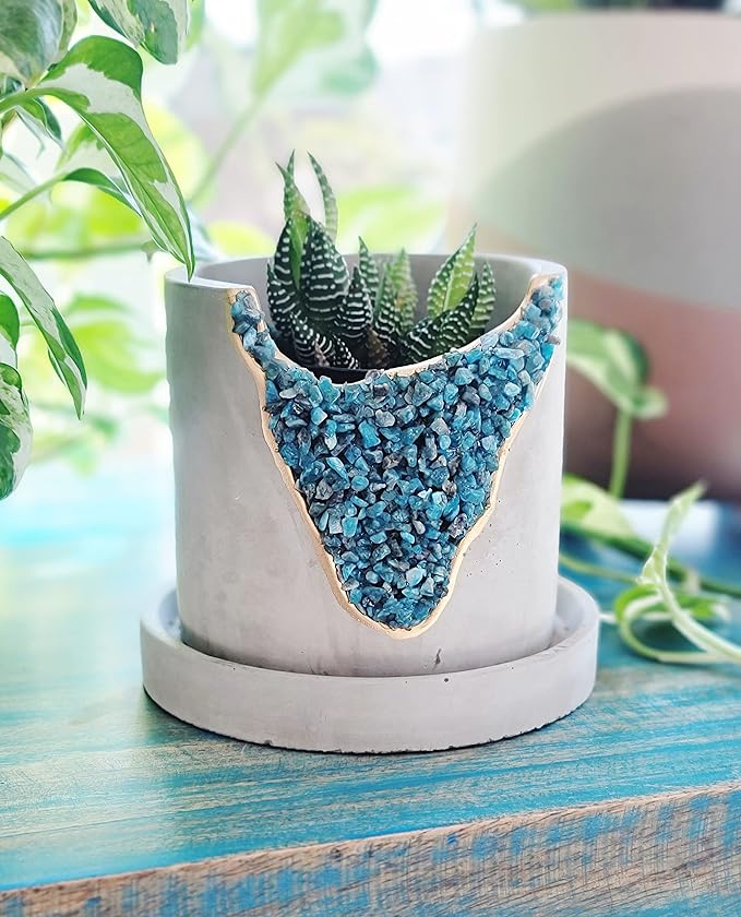 4 Inch Crystal Plant Pot with Saucer - Cement Geode Planter - Concrete Pots for Plants - Modern Succulent Pot Indoor - Unique Air Plant Holder - Candle Holder - Small Plant Home Decor (Blue Apatite)