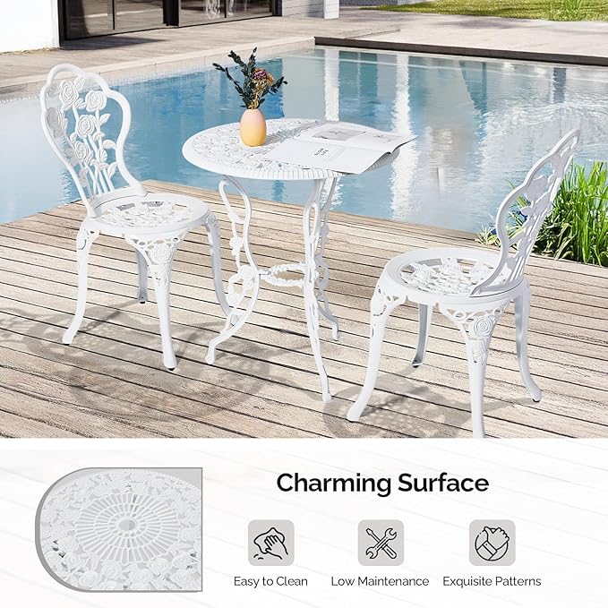 Outvita Patio Table and Chairs Set, Cast Aluminum Outdoor Cafe Table and Chairs Set of 3, Stability Patio Bistro Sets with Umbrella Hole for Garden, Patio, Balcony, Rose Pattern White
