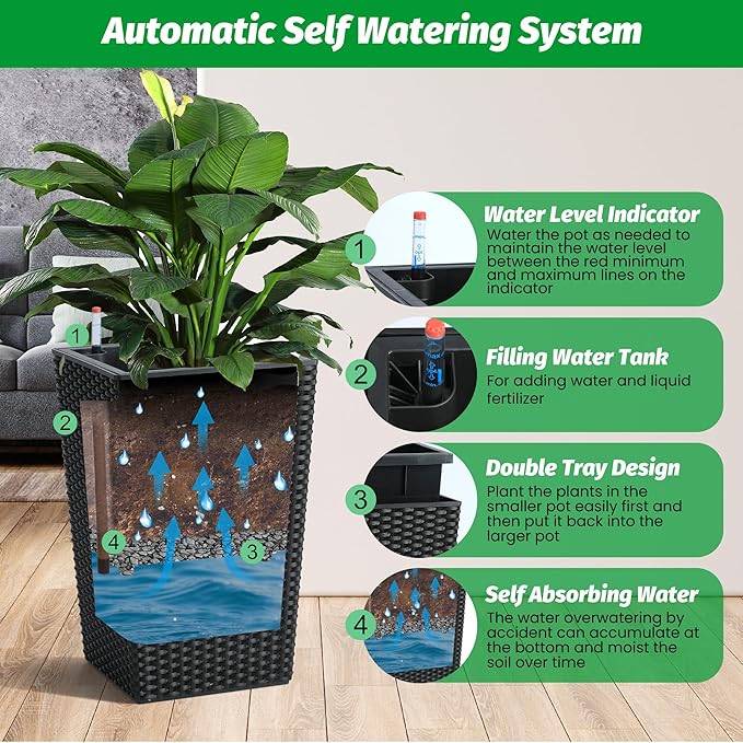 16 Inch Tall Planter Set of 2 Large Rattan Flower Pot with 2 Trays & a Water Level Monitor & Wheels Outdoor and Indoor for Patio, Porch, Living Room, or Home Office, Black