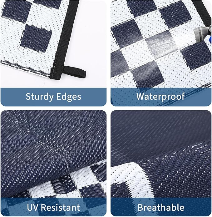 Garvee Outdoor Rug 9x12 Waterproof Reversible Patio Rug Modern Geometric Outdoor Carpet, Fade-Proof & Weather Resistant Minimalist RV Picnic Camping Mat for Garden Backyard Balcony,Navy & White