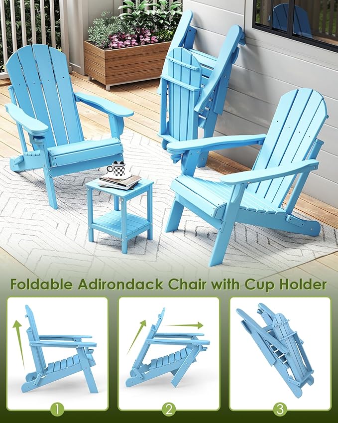 GREENVINES Folding-Adirondack-Chair | HDPE Plastic | Fire Pit Chairs | All Weather | Cup Holder | Arctic | for Deck Backyard Patio Outdoor Garden