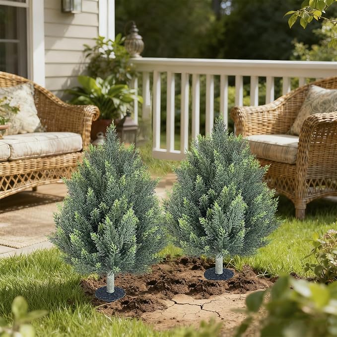 28inch Artificial Topiary Tree Set of 4 Beautiful Realistic Faux Cedar Pines Christmas Trees UV Rated Fake Shrubs for Front Porch Faux Plants Indoor and Outdoor Decor