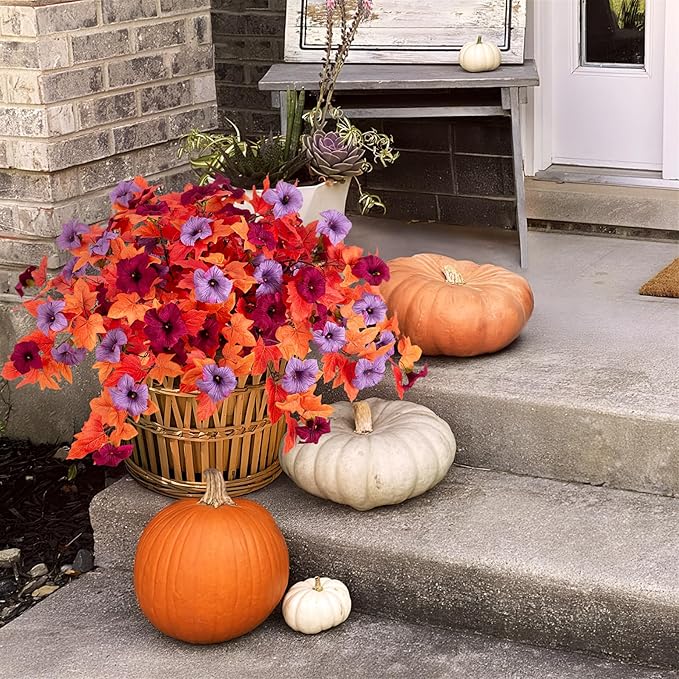 Fake Fall Flowers for Outdoor Decor 2 Pcs Artificial Flowers Fake Faux Silk Petunias Fall Plants, UV Resistant Flower for Garden Porch Patio Balcony Thankgiving Decoration (Burgundy Purple)