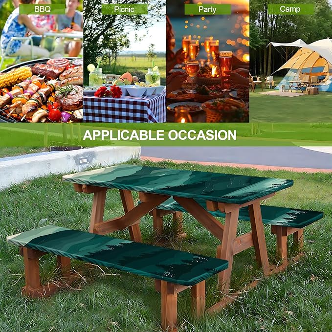 Picnic Table Cover with Bench Covers Set of 3 - Layered Landscape Mountain Forest Tablecloth, Elastic Fitted for 6 Ft Tables, Washable Polyester Cover for Camping, Indoor & Outdoor
