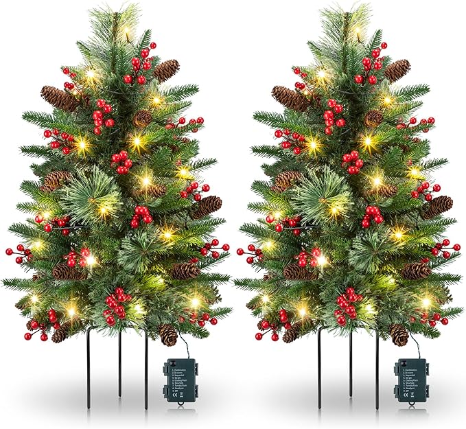 2 Set 20.5 In Christmas Urn Filler for Outdoor Planters, Lighted Artificial Christmas Tree Urn Filler with Cones & Red Berries, Holiday Xmas Pot Fillers Planter Decor for Pathway Porch Yard Decoration