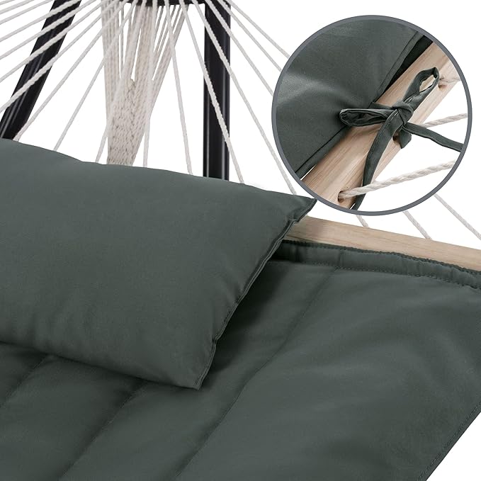 SUNCREAT Portable Double Rope Hammock with Pad, Two Person Tree Hammock for Garden, Backyard, Patio, Poolside, Gray Green