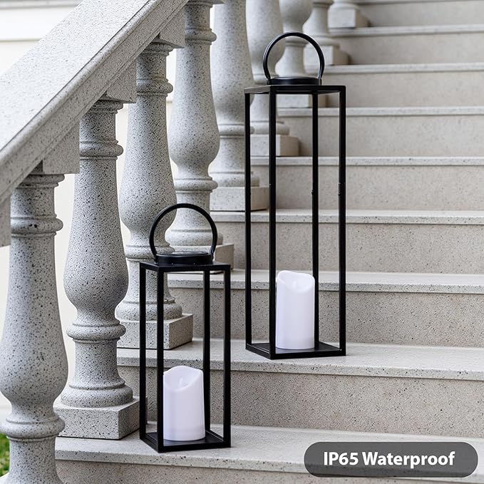 Large Solar Outdoor Lanterns, 25" 16" Tall Farmhouse Black Metal Waterproof Decorative Lanterns with Solar Candles for Front Porch, Patio, Christmas, Fall Decor- Set of 2