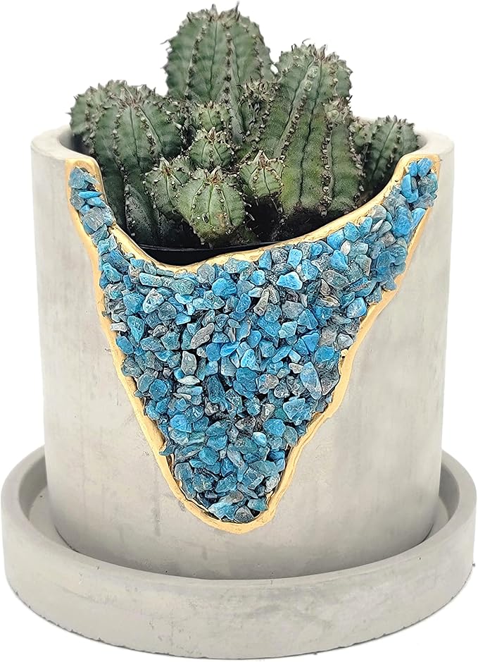 4 Inch Crystal Plant Pot with Saucer - Cement Geode Planter - Concrete Pots for Plants - Modern Succulent Pot Indoor - Unique Air Plant Holder - Candle Holder - Small Plant Home Decor (Blue Apatite)