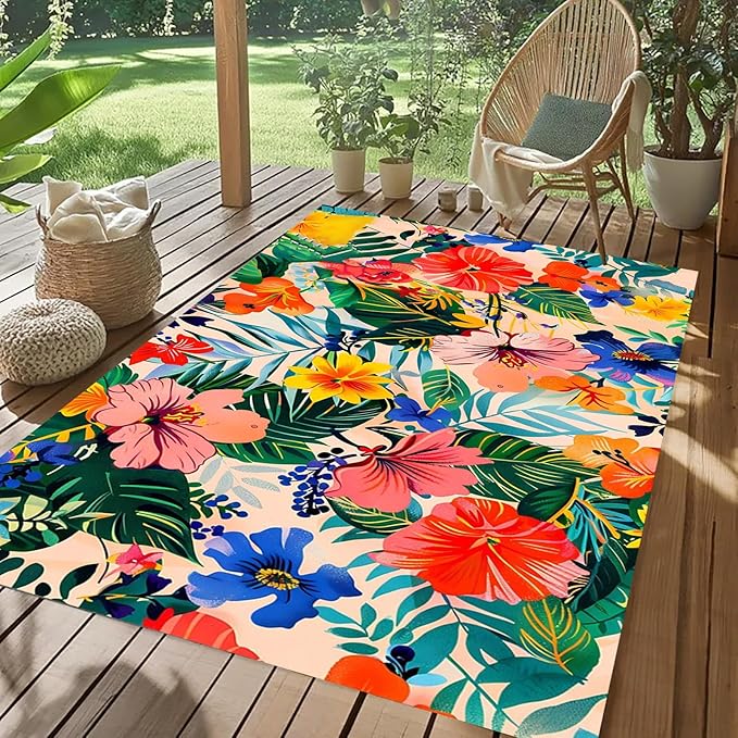 Tropical Boho Plants Flowers Print Outdoor Rug for Deck Patio Balcony Garden Waterproof Pink Blue Green Multi Botanical Floral Outside Carpet Large Thin Washable Foldable Camping Backyard Rugs 9x12