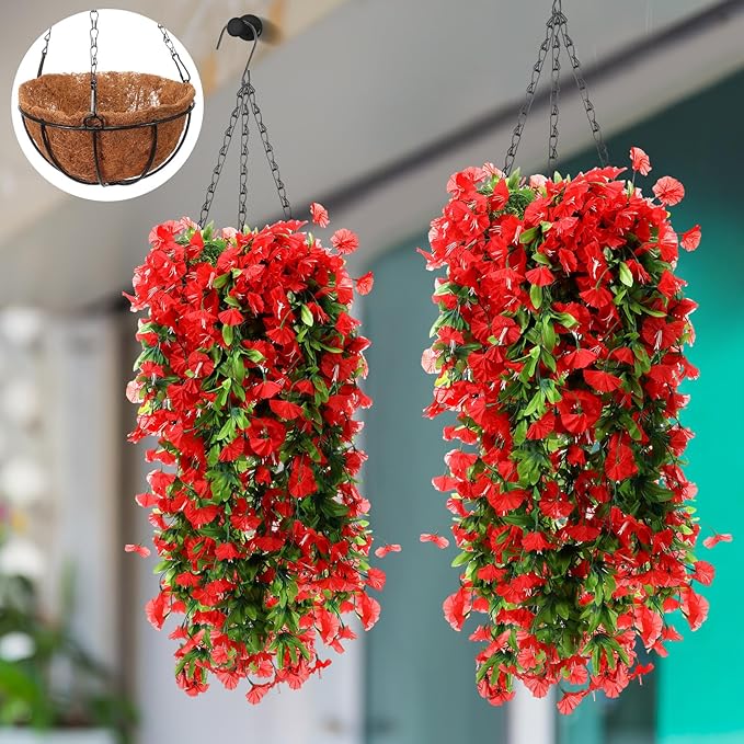 Hotop 2 Set Artificial Hanging Flower Basket and 6 Pcs Bougainvillea Silk Vine Flower for Outdoor Indoor UV Resistant Faux Hanging Plant Coconut Lining Planter Pot(Red)