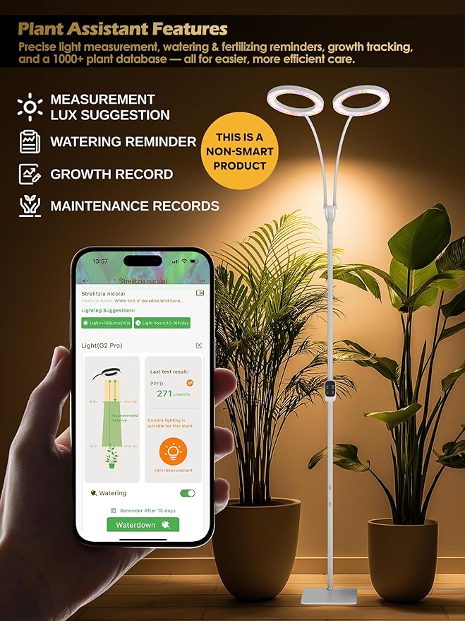 GLOWRIUM Grow Lights for Indoor Plants, Full Spectrum LED Grow Light, Stepless Dimming,3 Lighting Mode and Adjustable Height, Plant Light with 3/9/12/16H Timer (White, 48W)