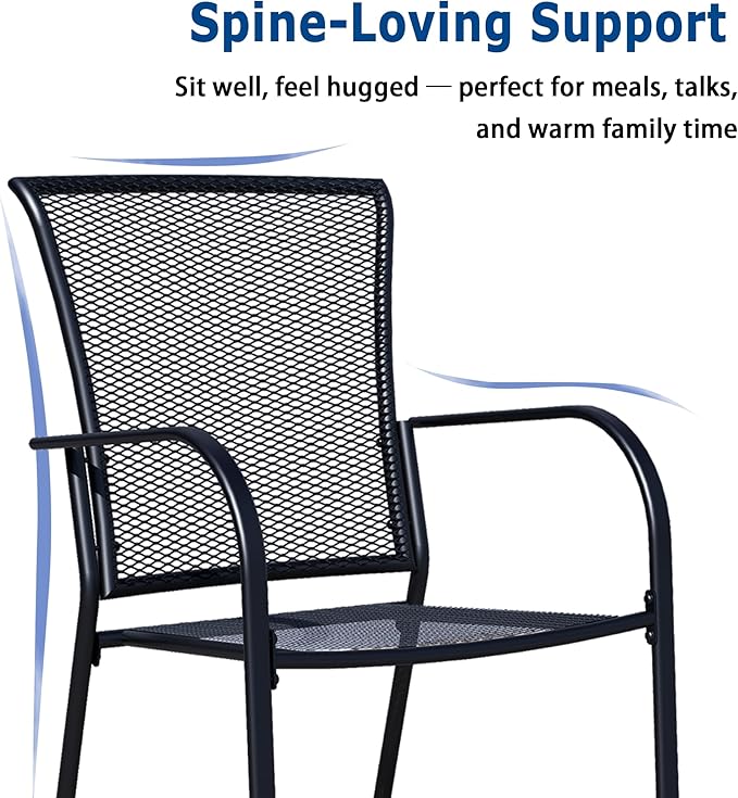 Patio Dining Chairs Set of 6, Black Stackable Outdoor Dining Chairs, Metal Mesh Patio Furniture Set for Garden Backyard Lawn Deck Support Over 300 lbs