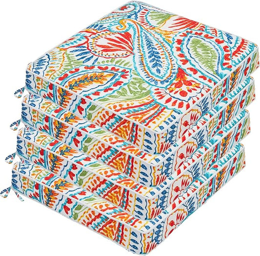 JMGBird Outdoor Chair Cushions Set of 4 - Waterproof Patio Seat Cushions 19x19 Inch with Ties, Paisley Pattern High Density Foam Square Cushions for Garden Furniture