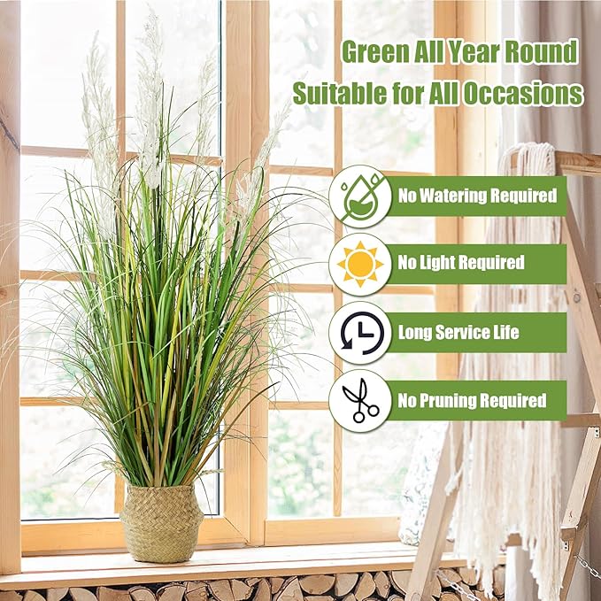 4 Pcs Tall Artificial Grass Plant 4 ft Large Fake Pampas Outdoor Faux Floor Plant in Pot UV Resistant for Housewarming Gift Front Porch Patio Garden