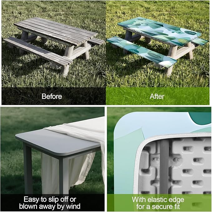 Picnic Table Cover with Bench Covers Set of 3 - Enchanted Woods Illustration, Elastic Fitted Tablecloth for 6 Ft Tables, Washable Polyester Cover for Garden, Indoor & Outdoor