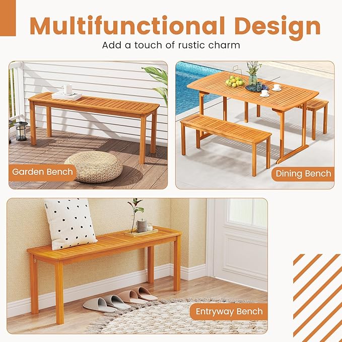 Tangkula Acacia Wood Outdoor Bench, 47" Patio Dining Bench with Slatted Seat, Backless Wooden Garden Bench, Farmhouse Furniture for Garden, Entryway, Poolside, Front Porch, Balcony, Park & Deck