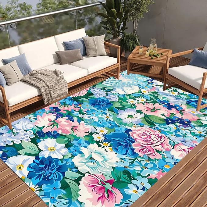 Romantic Teal Blue Pink Flower Pattern 2x3 Outdoor Rug for Patio Porch Balcony Garden Country Rustic Waterproof Washable Outside Carpet Modern Botanical Floral Indoor Outdoor Carpet Floor Covers